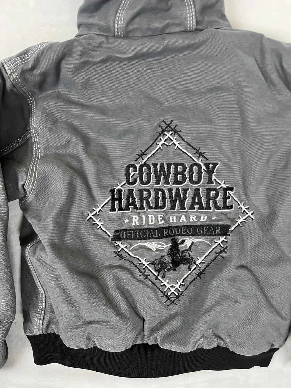 Cowboy Hardware Jacket Boys Medium Gray Ride Hard Western Hooded Canvas Bomber